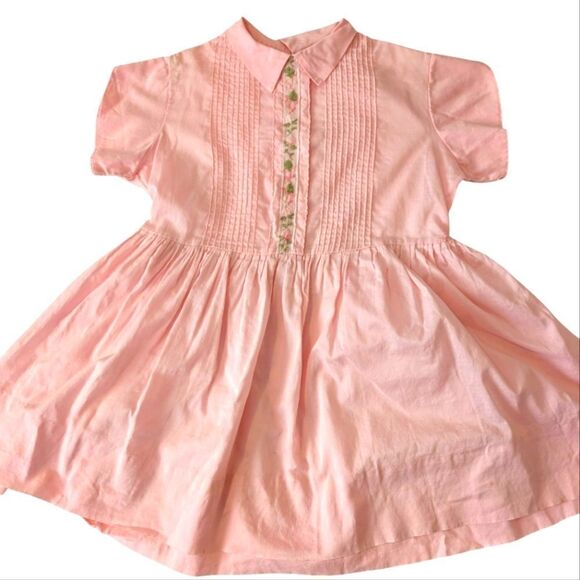 Girls 50s 60s MCM Pink Floral Embroidered Pink Sheer Overdress Dress - Picture 1 of 6